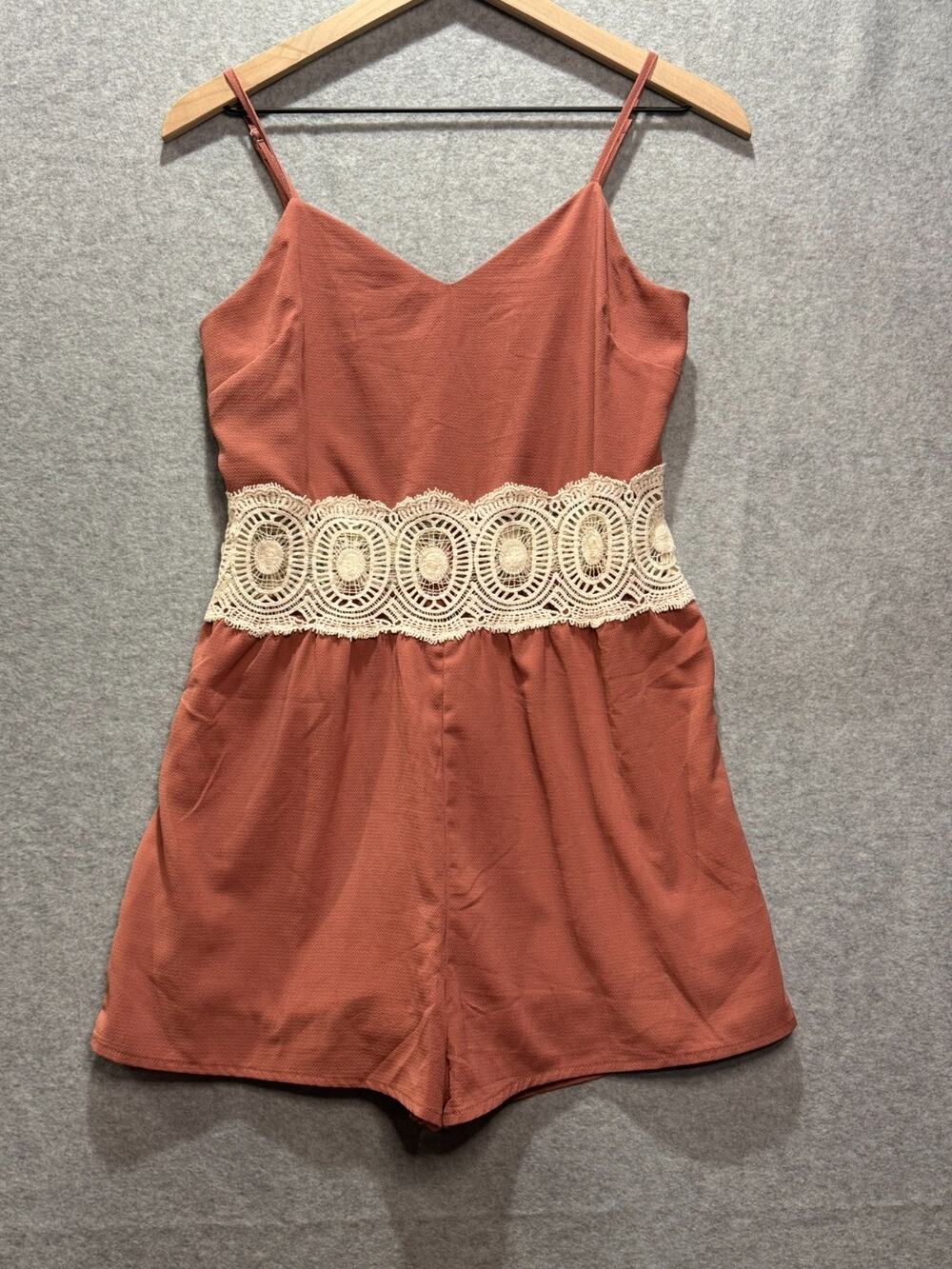 Rue21 Romper Womens S Rust Terracotta Crochet Lace Waist Spaghetti Strap Boho